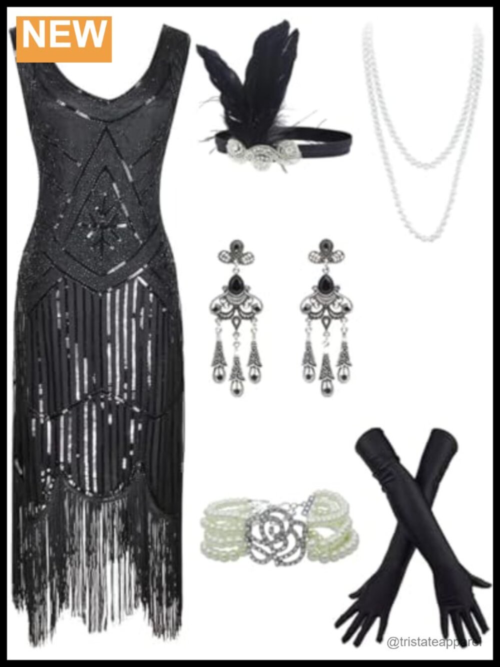 Sequin Tassel Flapper Dress Set Beaded Headband Gloves Necklace 1920s Gatsby